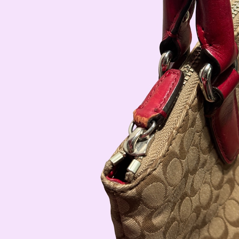 Coach Signature Monogram Shoulder Bag Brown Khaki Red Leather Trim Y2K Legacy - Picture 2 of 7
